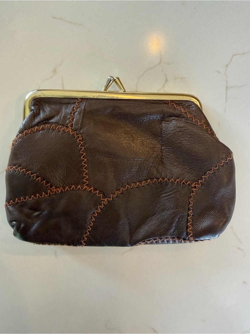 Vintage Classic Brown Leather Patchwork Kiss Lock Coin Purse